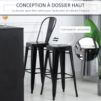 HOMCOM Lot de 4 tabourets de Bar Empilable Chaise de Bar Industriel avec Dossier Repose-Pied Hauteur d'Assise 76 cm métal Noir(m-4)