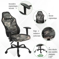HOMCOM Fauteuil gaming militaire - chaise gamer - inclinable, hauteur réglable assise & accoudoirs, pivotant - polyester noir vert(m-5)