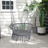 Outsunny Outdoor Hanging Rope Chair with Cotton Rope, Cotton-Polyester Blend Macrame Garden Hammock Chair with Seat Cushion, Support Backrest, for Patio, Garden, Porch, Dark Grey(m-2)
