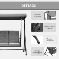 Outsunny Dondolo 3 Posti da Giardino o Terrazzo con Tettuccio Regolabile e Tasche Portaoggetti Grigio Scuro 196x128x172cm(m-6)