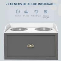 PawHut Comedero Elevado para Perros Grandes con 2 Cuencos de 2000 ml de Acero Inoxidable y 1 Cajón 63x30x36 cm Gris y Blanco(m-6)