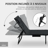 Outsunny Lot de 2 transats pliables avec dossier inclinable 5 positions - appui-tête et revêtement matelassé tissu Oxford - noir(m-6)