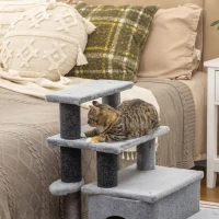 PawHut Escalier pour chat arbre à chat hauteur ajustable 3 ou 4 marches avec niche balle suspendue - 60 x 40 x 66 cm - gris(m-9)