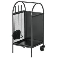 Outsunny Range-bûches porte bûches sur roulettes avec accessoires pelle balai et tisonnier 37,5 x 37,5 x 80 cm noir(m-10)