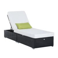 HOMCOM Bain de Soleil transat chaise longue jardin Grand Confort 195L x 68l x 31H cm Dossier inclinable Multi-Positions Aluminium Matelas épaisseur 10 cm crème résine tressée 4 Fils Noir(m-1)