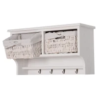 HOMCOM Porte-manteau mural - meuble de rangement mural étagère 4 patères + 2 paniers bois de paulownia osier tissu blanc(m-8)