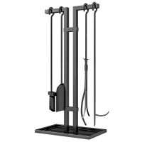 Outsunny Ensemble serviteur de cheminée 5 pièces, outils de cheminée, en métal, balai, pelle, pince, tisonnier et support, noir(m-1)