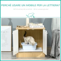 PawHut Mobile Lettiera per Gatti con 2 Ante e Ripiano Interno Estraibile, 60x55x62.5cm - Bianco e Legno(m-4)