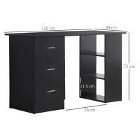 HOMCOM Computer Desk, Writing Table, PC Workstation with 3 Storage Shelves and Drawers, Silver Handle, for Home Office, Black(m-3)