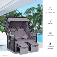 Outsunny Corbeille de plage 2 places pliable - Cabine chaise de plage inclinable - abri plage strandkorb - coussins, repose-pieds, tablettes, pare-soleil - bois résine tressée polyester gris(m-4)