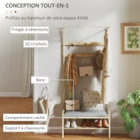 HOMCOM Porte-manteau avec étagère à chaussures, 10 crochets, tringle à vêtements, coussin rembourré, naturel(m-4)