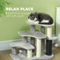 PawHut 2-in-1 Cat Tree, Pet Stairs w/ Scratching Post, Toy Balls, for Bed, Sofa, Couch, Light Grey(m-6)