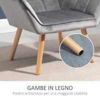 HOMCOM Poltroncina Stile Nordico in Legno ed Effetto Velluto Grigio per Soggiorno o Ufficio, 67x61.5x71 cm(m-6)