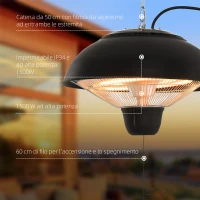 Outsunny Riscaldatore a Infrarossi con Illuminazione a LED in Alluminio e Metallo Epossidico Anticorrosivo Certificato IP34: Protezione contro gli Spruzzi d'Acqua 1500W Ø40.5 x 30.7A cm(m-5)