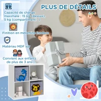 ZONEKIZ Meuble étagère bibliothèque 4 cases 2 cubes paniers tissu motif dinosaures pour chambre enfant 62 x 30 x 62 cm blanc(m-7)