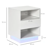 HOMCOM Comodini Moderni con LED, Set 2 Pezzi in Truciolato Bianco con Cassetto e 2 Ripiani Aperti, 40x40x55 cm(m-3)