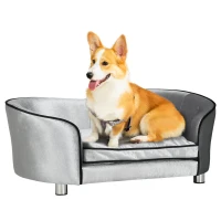 PawHut Dog Sofa Pet Chair, Kitten Bed Couch w/ Wooden Frame, Removable Cushion - Silver-Tone and Grey(m-1)
