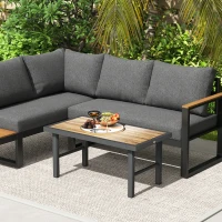 Outsunny Metal Garden Coffee Table, Outdoor Side Table with SPC Woodgrain Tabletop for Outside, Garden, Balcony, Porch, 100 x 53 x 46cm, Brown Wood Effect(m-9)