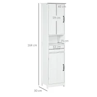 kleankin Columna de Baño con 2 Puertas 1 Cajón Estante Abierto y 2 Armarios con Estante Ajustable 40x30x164 cm Blanco(m-3)