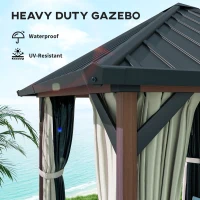 Outsunny 3 x 3(m) Hardtop Gazebo with Galvanised Steel Roof and Water Gutter, Waterproof Permanent Pavilion Garden Gazebo with Netting and Curtains for Patio, Deck, Walnut Wood Finish(m-4)