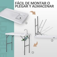 Outsunny Mesa Plegable de Picnic Multifuncional con Fregadero Grifo y Pistola de Riego Extensible para Balcón Jardín Camping Barbacoa Exterior Metal 114,5x59x94,5 cm Blanco(m-4)