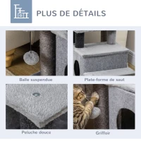 PawHut Escalier pour chat arbre à chat hauteur ajustable 3 ou 4 marches avec niche balle suspendue - 60 x 40 x 66 cm - gris(m-6)