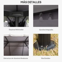 Outsunny Cenador para Jardín 4x3 m Pérgola de Jardín Gazebo con Doble Techo Paredes Laterales Anti-UV y Mosquiteras Gris(m-6)