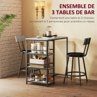 HOMCOM Ensemble table de bar avec 2 tabourets et étagères de rangement pour salle à manger, cuisine, gris et noir(m-4)