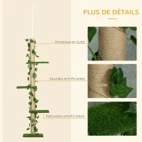 PawHut Arbre à chat poteau à griffer fixation plafond hauteur réglable 37 x 21 x 202- 242 cm 4 niveaux vert(m-6)