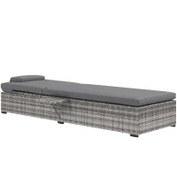 Outsunny Outdoor Patio PE Rattan Lounger with Cushion, 5-Level Reclining Wicker Rattan Sun Lounger with Tea Tray, for Poolside, Patio, Deck, 120kg Weight Capacity, Grey(m-12)