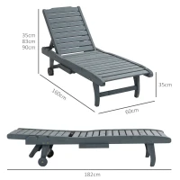 Outsunny Garden Patio Sun Lounger, Outdoor Wooden Sun Bed with Built-In Table, Reclining Backrest and Rolling Wheels for Sunbathing, Grey(m-3)