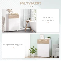 kleankin Meuble de rangement Armoire Commode pour Salle de Bain, Salon, Chambre Double Porte avec 2 étagères réglables en Bois Blanc etchêne Clair(m-7)