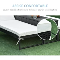 Outsunny Lot de 2 transats bains de soleil design - grand confort - matelas déhoussable crème, inclinaison réglable multi-positions - table basse - résine tressée 4 fils noir(m-7)