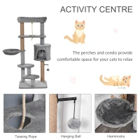 PawHut Cat Tree Tower for Indoor Cats 120cm Climbing Kitten Activity Center with Jute Scratching Post Perch Hanging Ball Hammock Teasing Rope Condo Toy Light Grey(m-5)