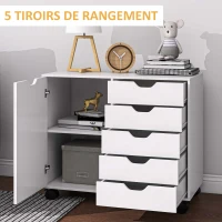 HOMCOM Meuble de rangement pour bureau 5 tiroirs 1 porte étagère réglable, support imprimante roulettes, 78x40x66,5 cm, blanc(m-4)