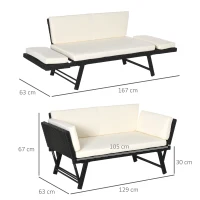 Outsunny Canapé lit de jardin extensible 3 places grand confort 4 coussins crème inclus résine tressée imitation rotin noir(m-3)