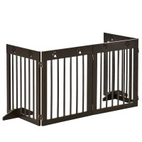 PawHut Freestanding Pet Gate 4 Panel Wooden Dog Barrier Folding Safety Fence with Support Feet up to 204cm Long 61cm Tall for Doorway Stairs Brown(m-11)