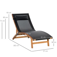 Outsunny Ergonomic Patio Lounge Chair Wooden Outdoor Chaise w/ 3 Adjustable Back and Removable Headrest Pillow for Garden Black(m-3)