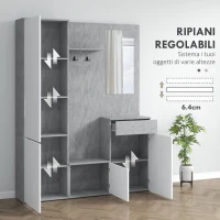 HOMCOM Mobile da Ingresso 4 in 1 con Specchio, Ganci e Ripiani Interni, in Legno, 145x29x184 cm, Grigio e Bianco(m-6)
