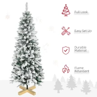 HOMCOM 5 Ft Snow Flocked Artificial Christmas Tree, Xmas Pencil Tree with Realistic Branches, Auto Open, Pinewood Base, Green(m-4)