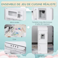 HOMCOM Cuisine Bois Jeu d'imitation - Cuisine Enfant 3+ Ans - Nombreux Accessoires & rangements Inclus - micro-ondes, hotte, évier avec robinet - MDF pin Blanc(m-6)