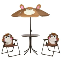 Outsunny Kids Bistro Table and Chair Set, Outdoor Folding Garden Furniture w/Monkey Design, Removable, Adjustable Sun Umbrella, Ages 3-6 Years - Brown(m-1)