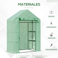 Outsunny Invernadero de Jardín 141x72x191 cm Vivero Casero con 4 Estantes Puerta Enrollable Cubierta de PE 140g/m² y Marco de Acero para Cultivos Plantas Macetas Flores Verde(m-4)