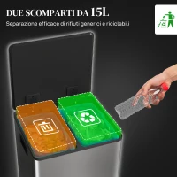 HOMCOM Bidone Immondizia a 2 Sezioni da 15L a Pedale con Coperchio Silenzioso, in Acciaio Inox e PP, 41.8x36.7x44 cm(m-4)