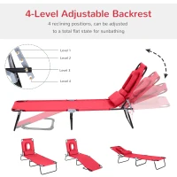 Outsunny Foldable Outdoor Sun Lounger Adjustable Backrest Reclining Chair with Pillow and Reading Hole Garden Beach, Red(m-4)