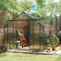 Outsunny 8 x 12ft Aluminium Greenhouse Polycarbonate Walk-in Garden Greenhouse Kit with Adjustable Roof Vent, Double Sliding Door, Rain Gutter and Foundation, Clear(m-2)