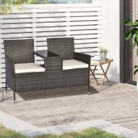Outsunny Banc de jardin design contemporain 133L x 63l x 84H cm banc double chaise avec coussins assise + tablette intégrée résine tressée grise polyester crème(m-2)