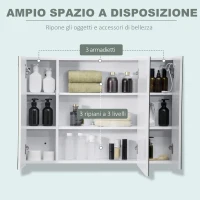 kleankin Armadietto Specchiera da Bagno con 3 Armadietti, 3 Ripiani e Luce LED, 90x15x65 cm, Bianco(m-4)