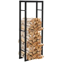 HOMCOM Soporte para Leña de Metal Estante de Leña Leñero de Exterior para Interior y Exterior Carga 100 kg 60x25x150 cm Negro(m-1)
