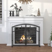 HOMCOM Parascintille per Camino in Metallo con 2 Porte e Decorazioni Natalizie, 99x35x80 cm, Nero(m-2)